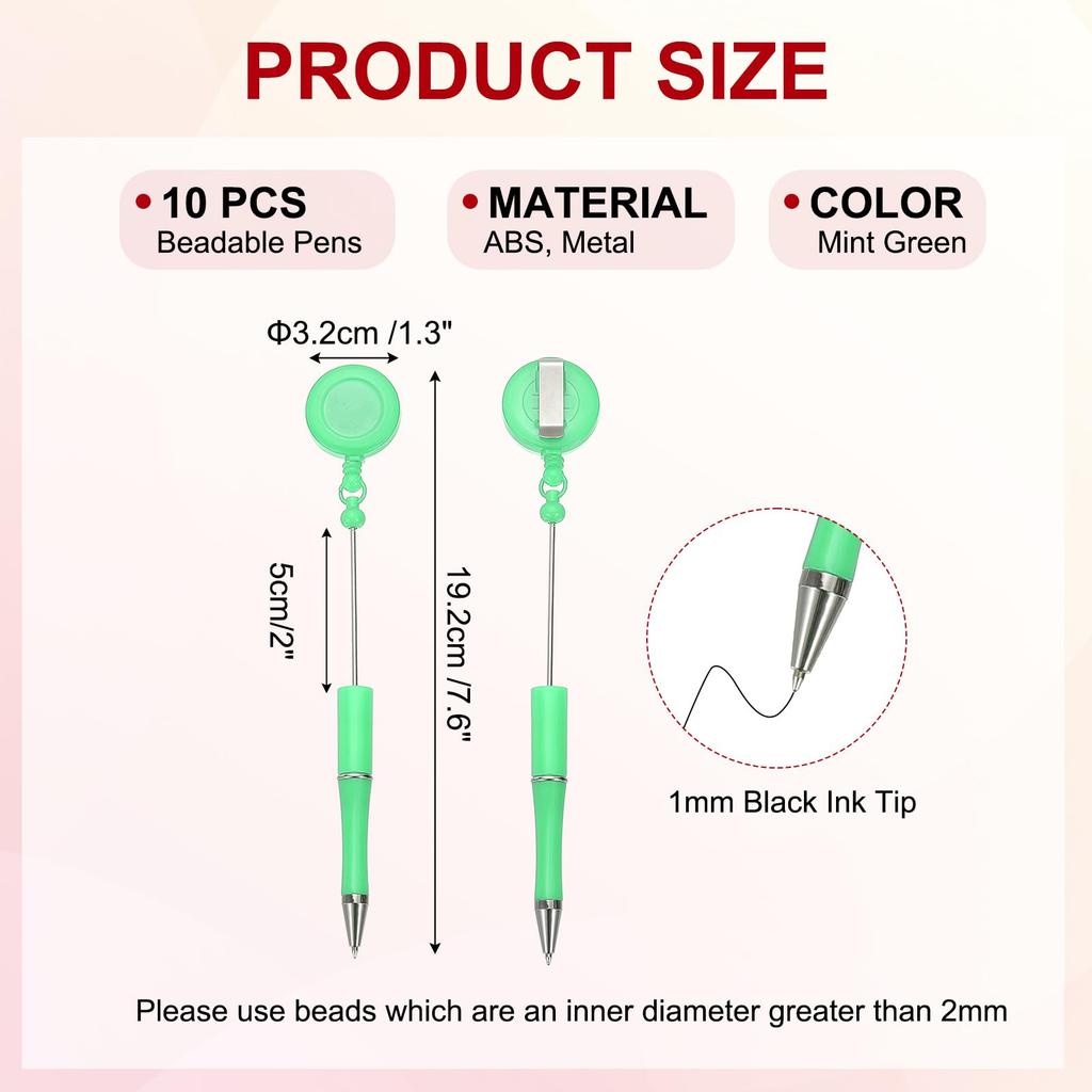 PATIKIL 10pcs Bead Pens Retractable Badge Reel Bead Pens Bulk Beads Ballpoint Pens Black Ink DIY Making Worker Waitress Writing Instrument Mint Green
