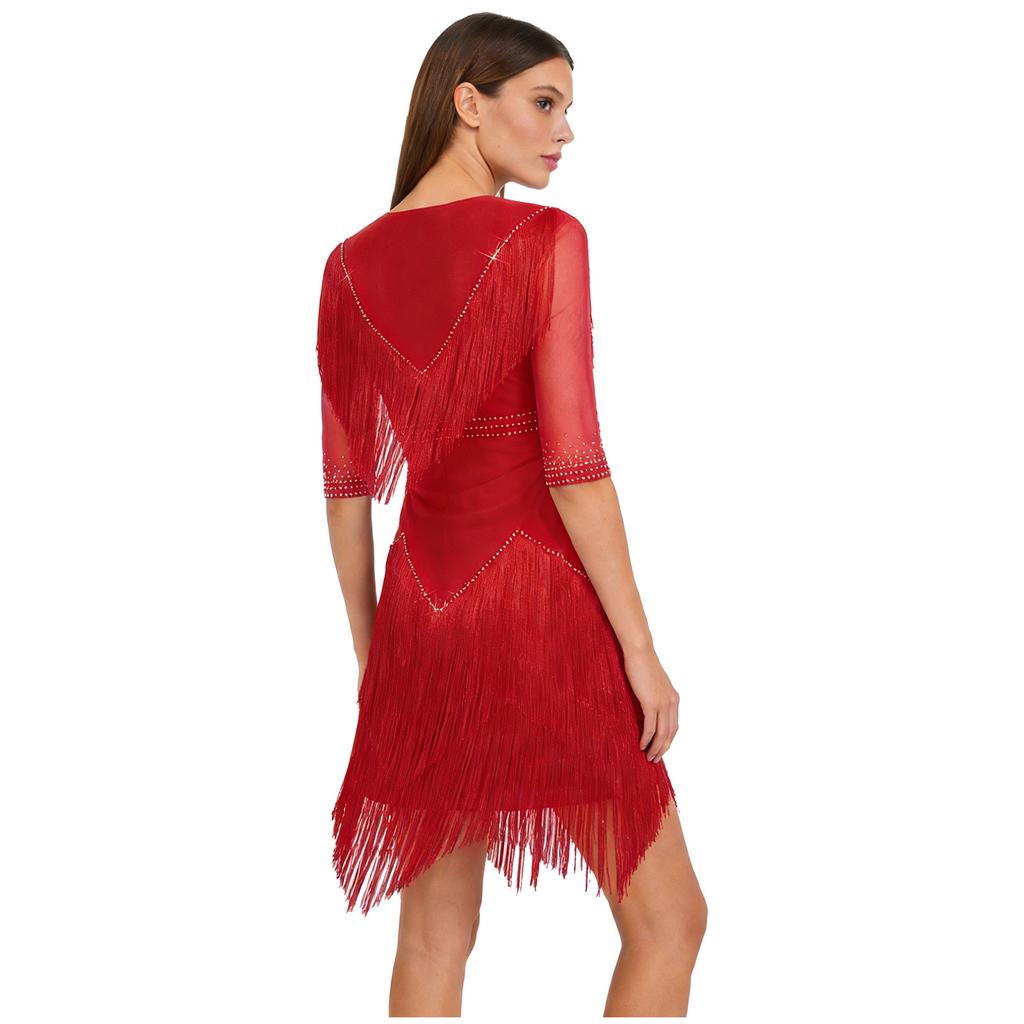 Ladies Glittery Sequin Dance Dress V Neck Half Sleeve Tiered Tassel Design Rhinestone Details Latin Cha Cha Tango Salsa Costume