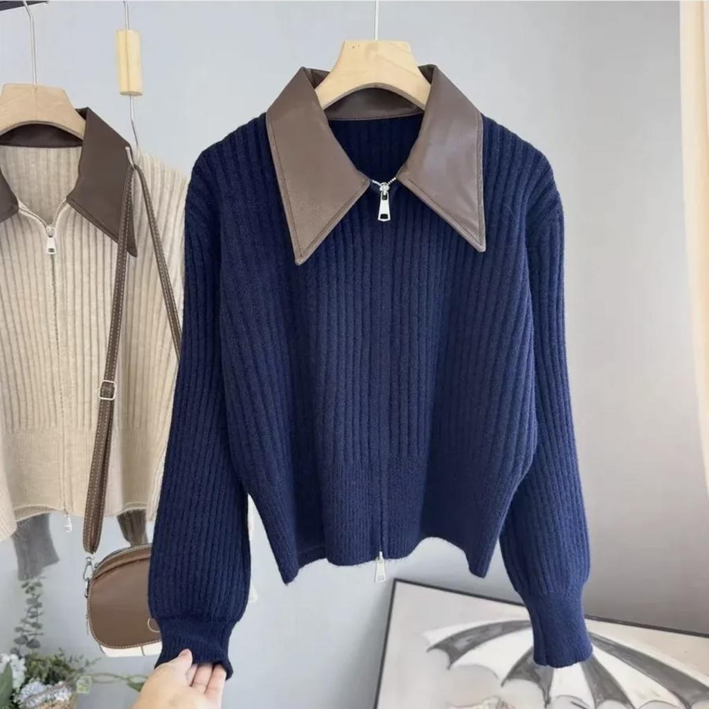 Premium lapel sweater jacket women's autumn and winter new zipper short outer wear temperament knitted cardigan top