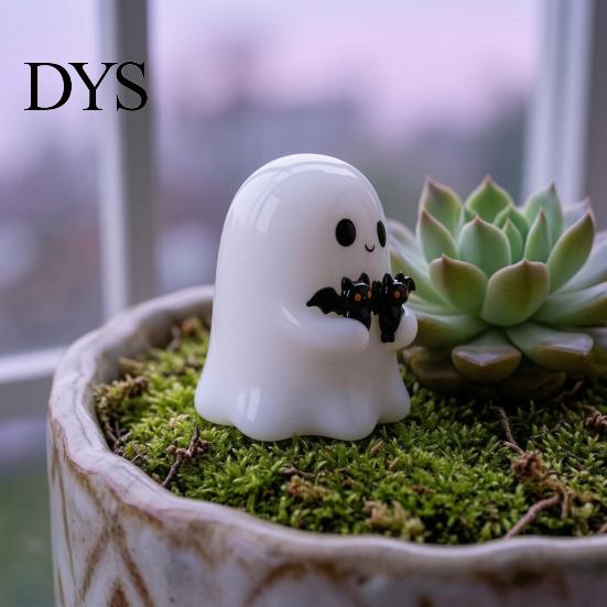 Waterproof Ghost Figurine for Outdoor Courtyard Halloween Figurine, Cute White Statue with Bats, Decoration Resin Ornament Home Mantel Tabletop Decor