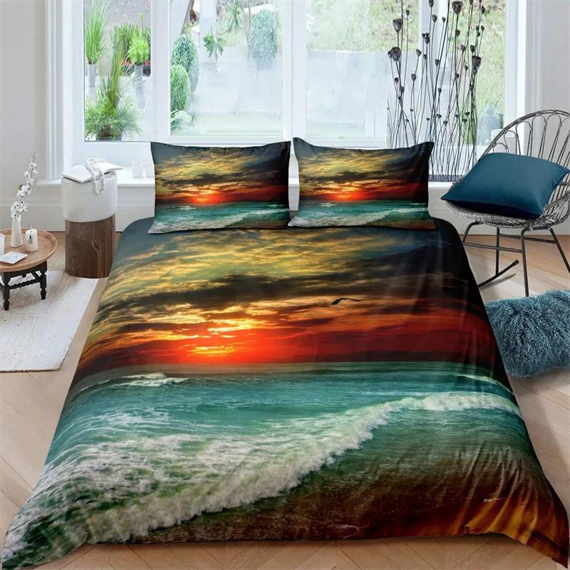 Beach Sea Wave Ocean Duvet Cover Sunset Hawaiian Palm Tree Wave Comforter Cover Tropical Island and Sea Beach Nature Theme Decor
