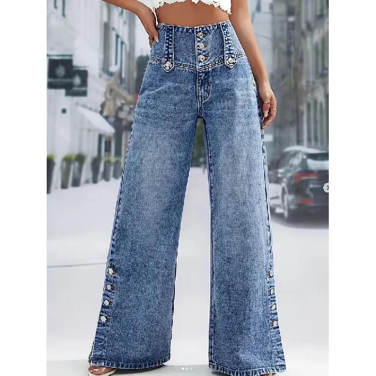 2026 Spring/Summer New Women s Denim Pants with Split Hem, High Waist, Vintage Buttoned Wide-Leg Jeans S