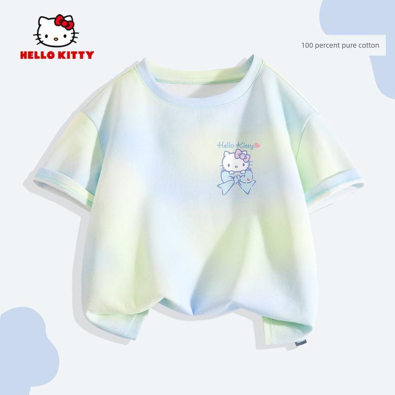Hello Kitty Girls' Short-Sleeved T-Shirt 2026 New Pure Cotton Rainbow Kidsren's Summer Wear Tie-Dye Cute Clothes Trendy