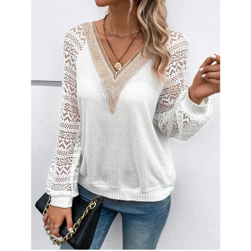 Autumn Women's Long Sleeved V-neck Patchwork Hollow Lace Perspective Casual T-Shirts Women’s