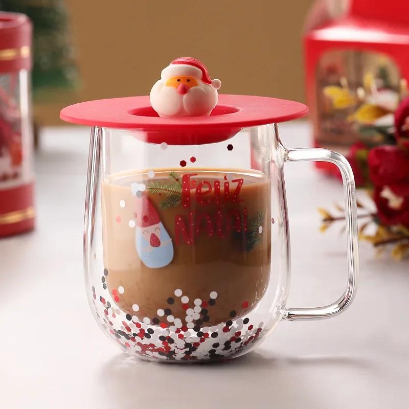 

250 мл двухслойная стеклянная термокружка с изображением Санта-Клауса, рождественской елки, стеклянная кофейная кружка, стаканчики для молока, сока, с крышкой и ручкой, рождественский подарок 250ML