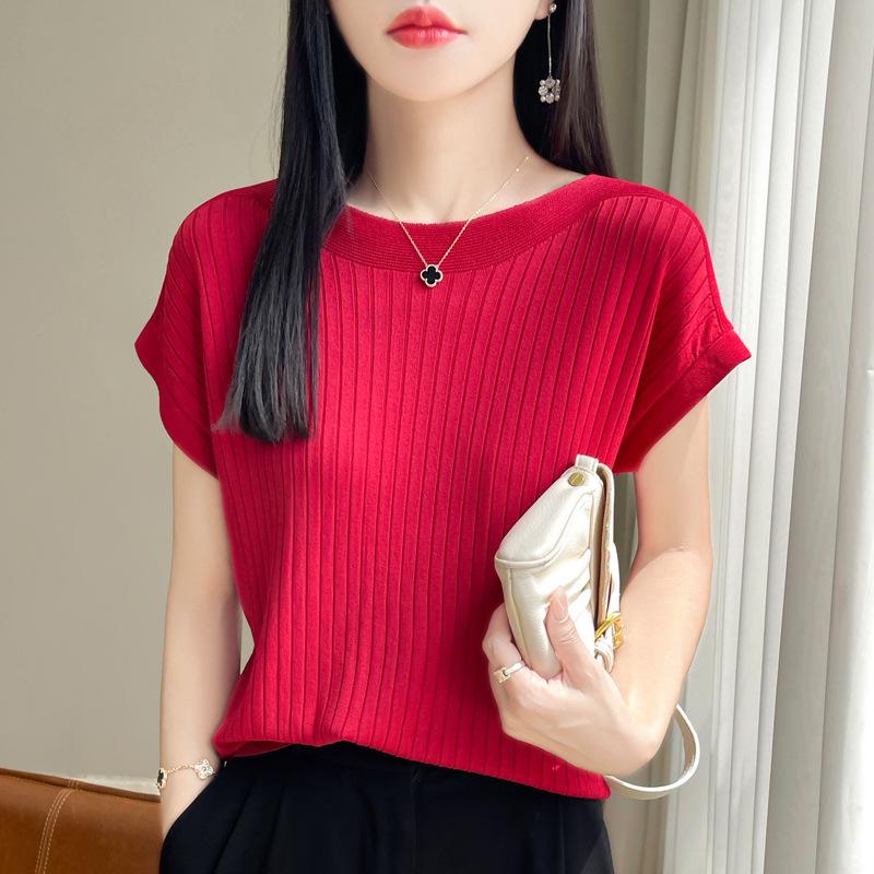 Fashion Slash Neck Women Sweater Ice Silk Spring Summer Women Loose Casual Shirts Short Sleeve Top
