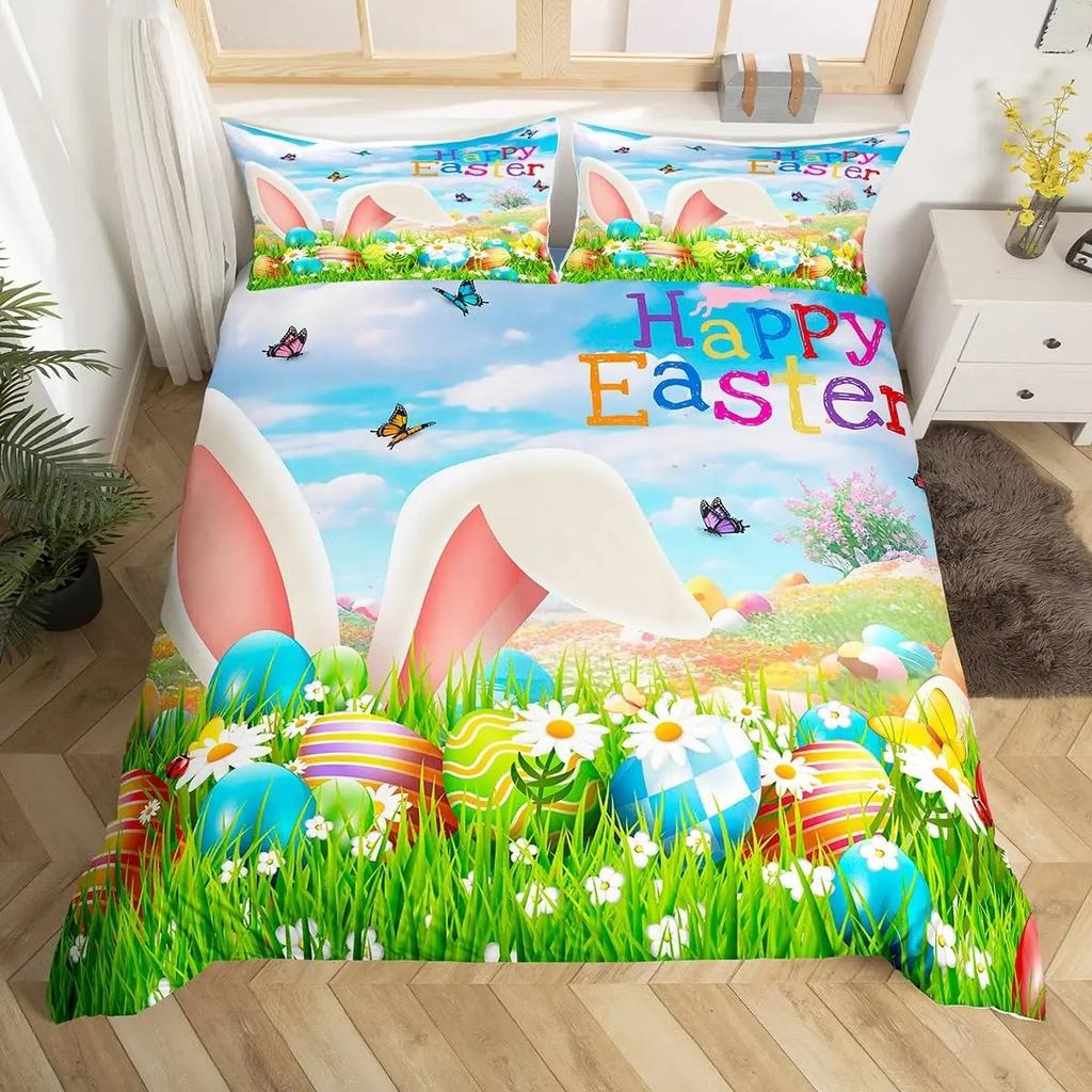 Oster-Eier Bettbezug Jungen Mädchen Cartoon Bunt Ei-Thema Bettwäsche-Set Frohe Ostern Bettdeckenbezug Floral Blume Steppdeckenbezug
