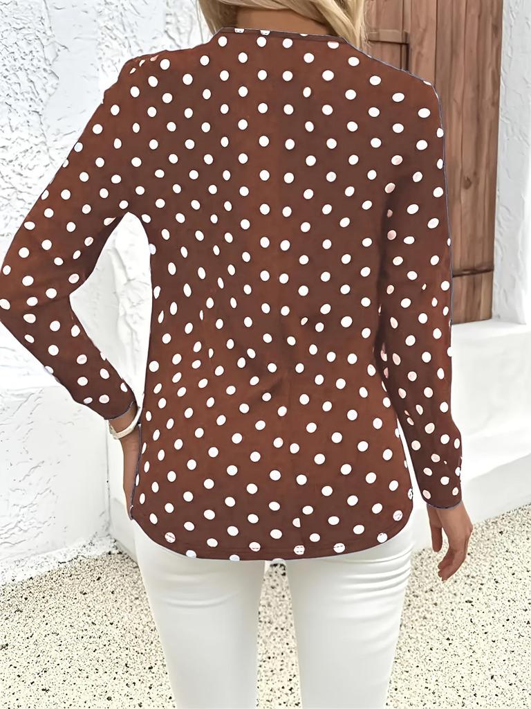 2025 Plus Size Women's Polka Dot Long Sleeve V-Neck Zipper Pullover Top