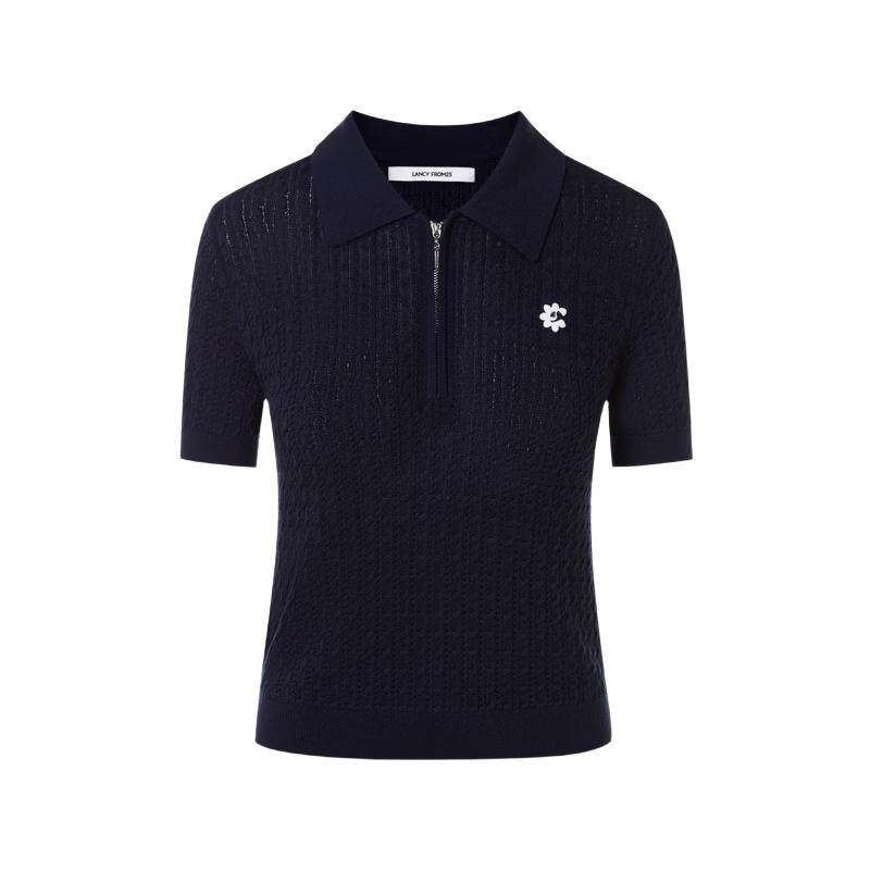 LANCY Old Money Style Lyocell Knit Short Sleeve Polo Shirt XL