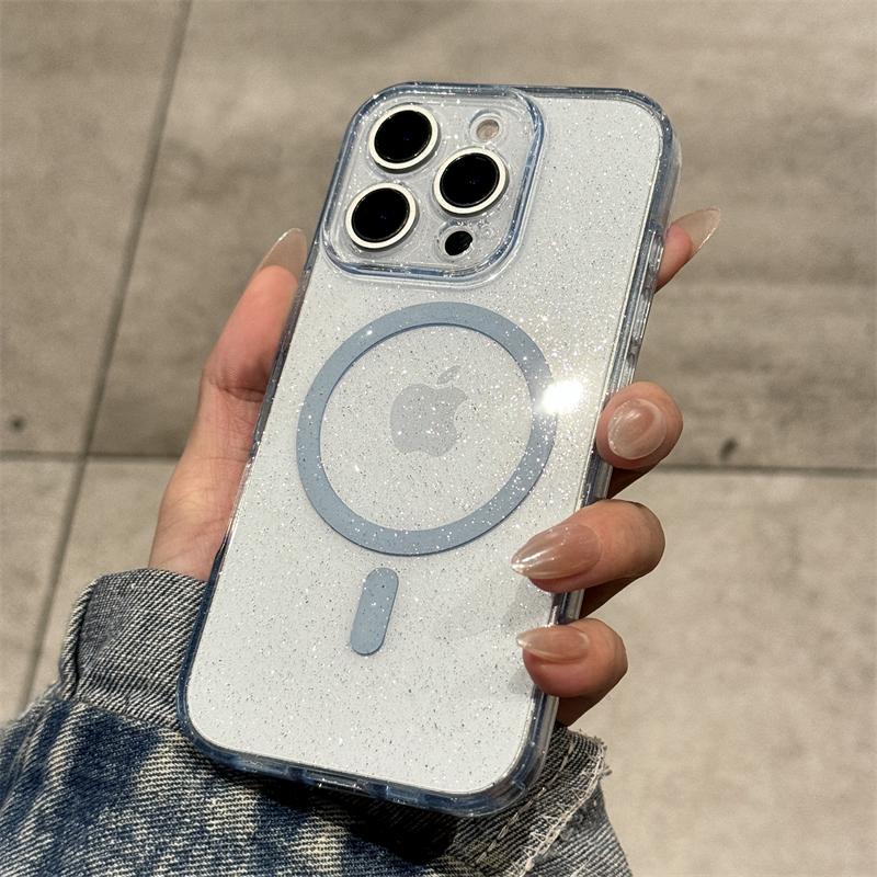 Luxury Glitter Magsafe Transparent Case For iPhone 13 14 15 16 Pro Max Plus Magnetic Wireless Charge Shockproof Soft Cover