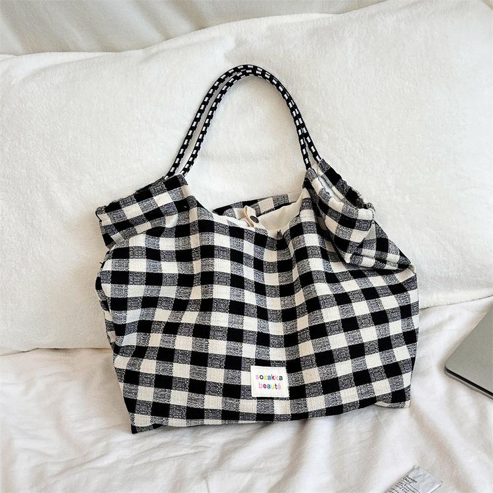 

Stylish Checkered Drawstring Shoulder Bag In Cotton Linen For Commuting And Daily Use Black Plaid