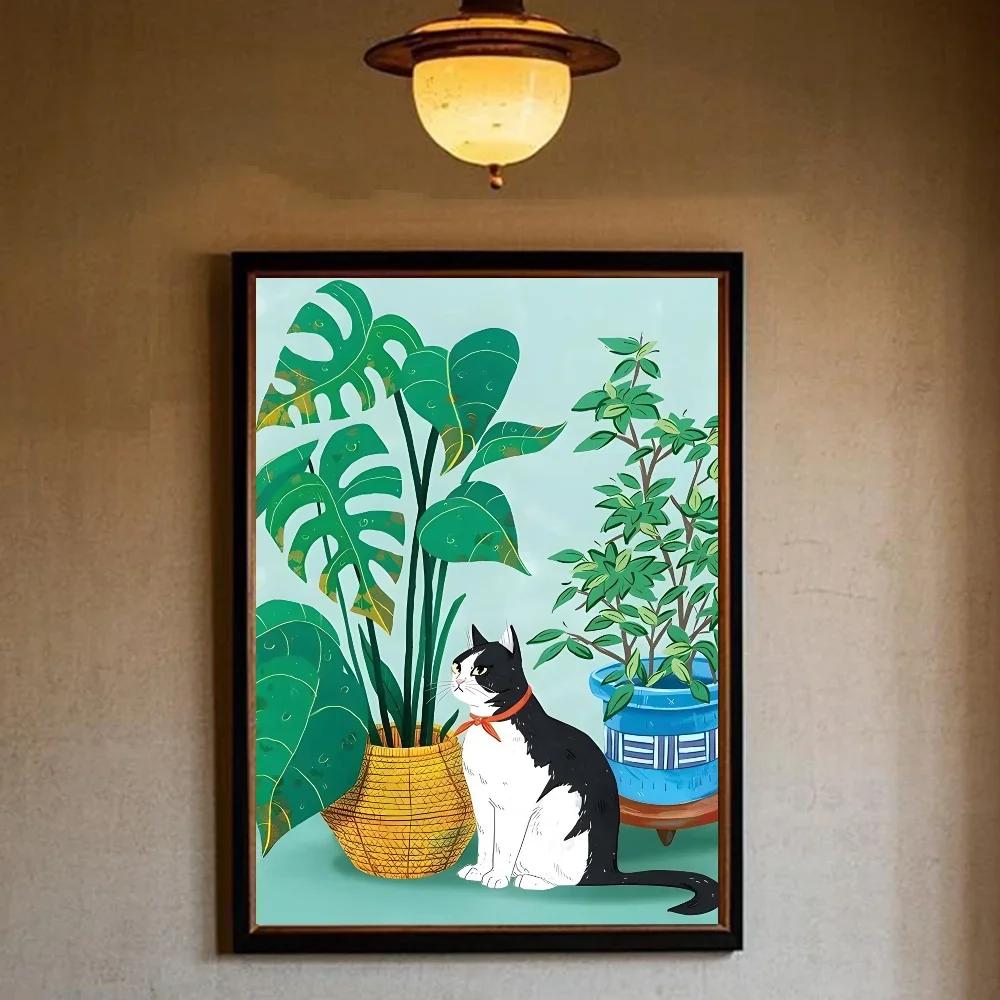 Art Green Bedroom and Cat Poster Minimalist Wall Art Print Canvas Painting Posters for Living Room Modern Home Decor