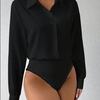 Damen Point Collar Langarm Button-Down Bodysuit Hemd Lockere Passform Unifarben Lässiges Blusenoberteil