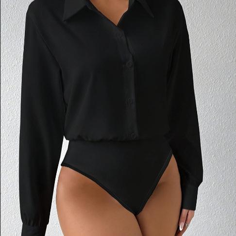 Women's Point Collar Long Sleeve Button Down Bodysuit Shirt Loose Fit Solid Color Casual Blouse Top