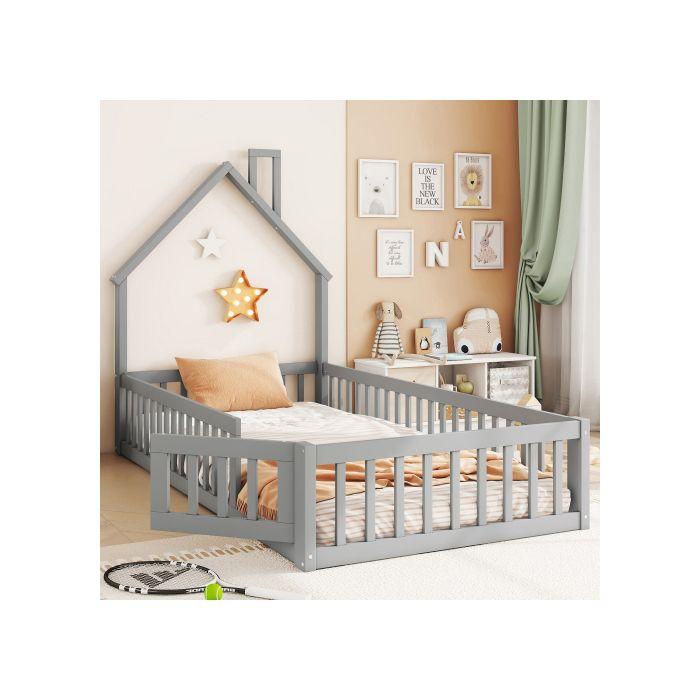 Kinderbett - MUVOE - 90 x 200 cm - Kamin-Design - Sicherheitsgitter - Grau