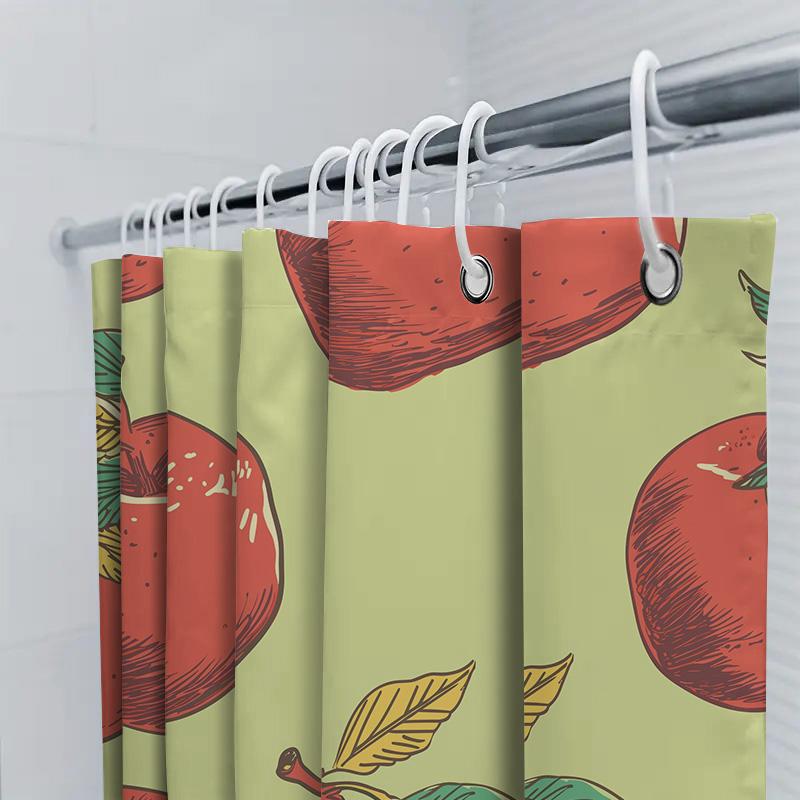 Vibrant Red Apple Print Shower Curtain For Bathroom Decoration Modern Design Home Decor With Green Leaves On Pastel Background S