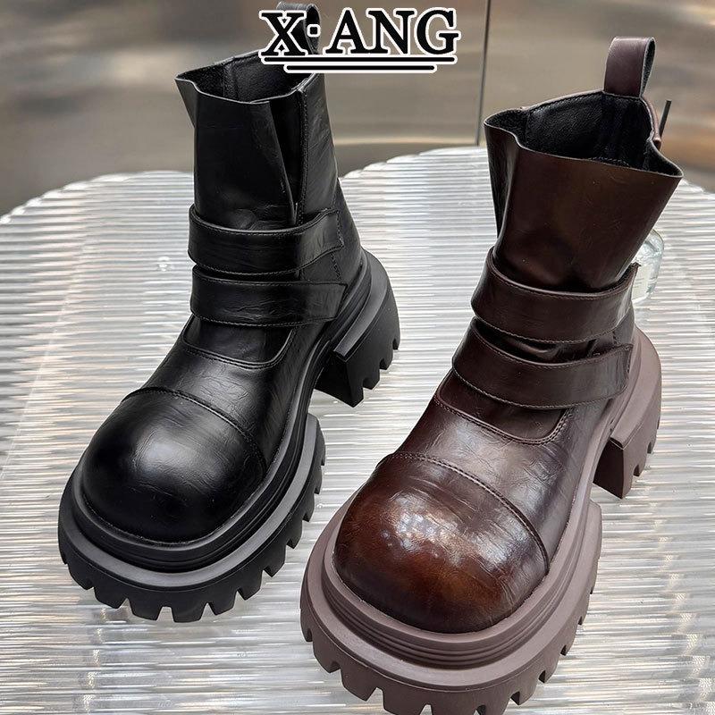 Leather Martin boots women's muffin thick sole heightening small thick heel short boots handsome locomotive boots Chelsea boots