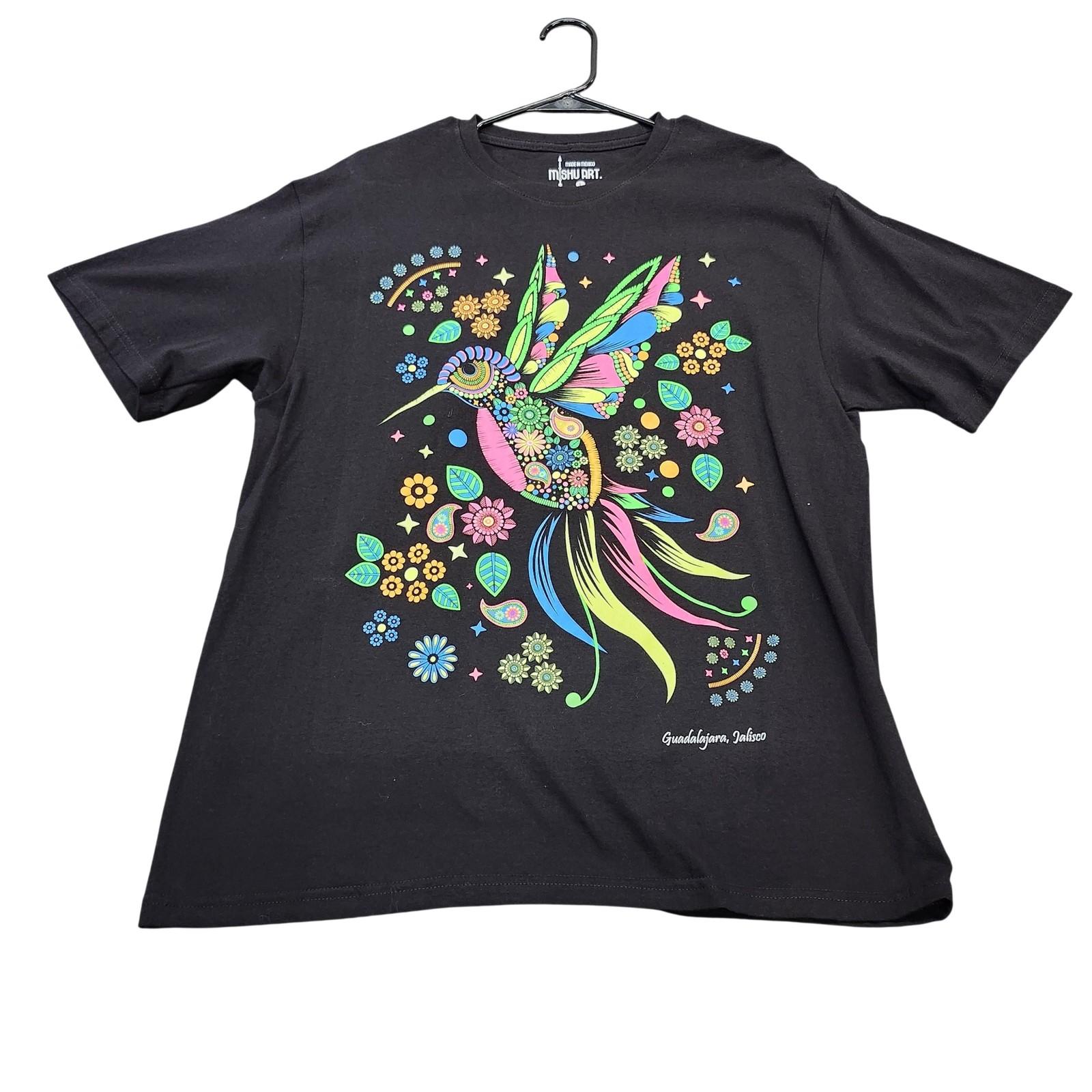 Mishu Art Shirt Mens Large Black Hummingbird Floral Art Graphic Tee Mexico Unisex T-Shirt XXXL