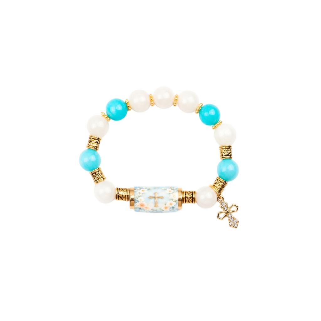 Women's Blue Cross Bracelet with Gold Pendant - Stretch Bracelet, Fashion Jewelry Gift for Women, Perfect for Daily Wear and