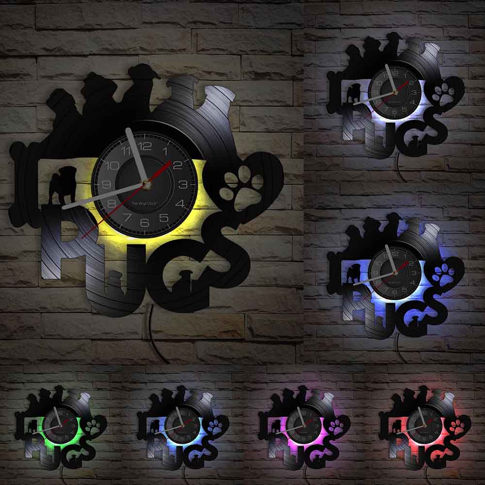 Pug Dog Breed Vinyl Record Wall Clock For Vet Clinic Pet Shop Decor Dutch Bulldog Puppy Carved Music Album Clock Dog Owners Gift