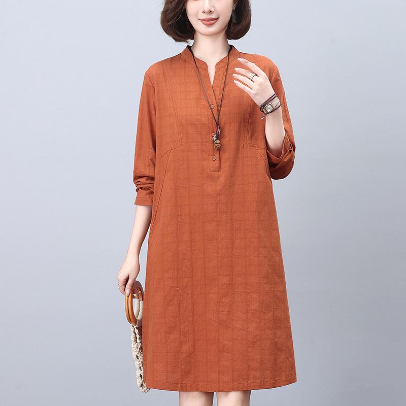 2024 Casual Loose-Fit Pure Cotton Dress for Middle-Aged Women: Long-Sleeved, Belly-Covering, Age-Reducing for Spring and Autumn