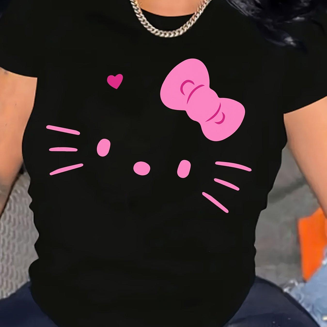 Miniso Sanrio Розовые Линии Хелло Китти Принт Короткий Рукав 2025 Лето Новый Женский Футболка Модный Свободный Повседневный Универсальный Топ S