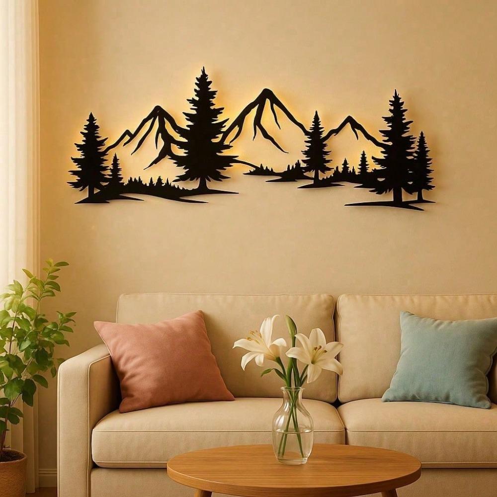 Metal Wall Art Mountain Forest Black Decor For Living Room Bedroom Office Modern Farmhouse Rustic Nature Inspired Wall Hanging Sign