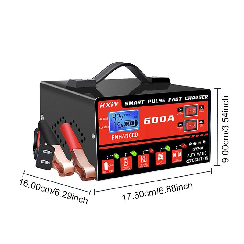 Voltage Temperature Detection Automatic Stop 12V 24V 600A EU/US Plug Intelligent Pulse Repair Car Battery Charger Digital LCD Display