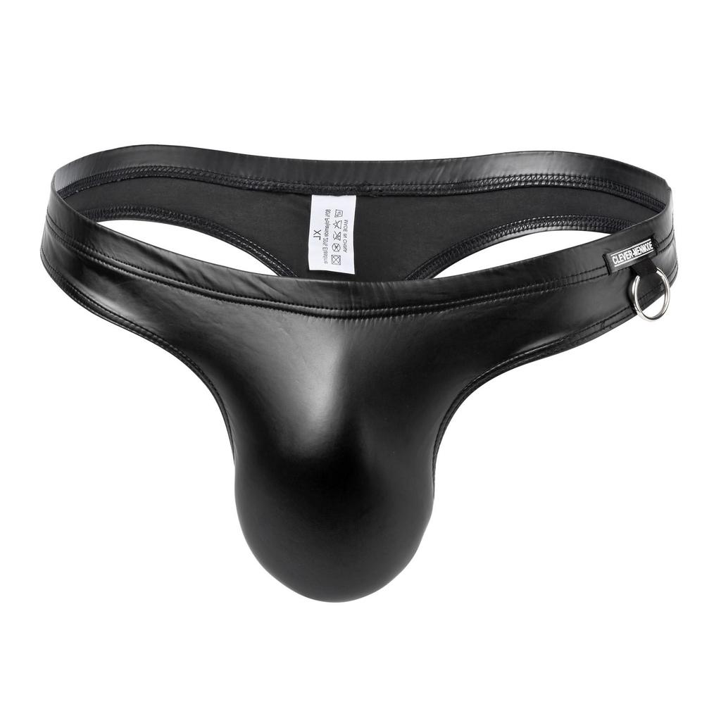 Sexy Faux Leather Thong Pánské spodní prádlo T-back Kalhotky Tanga Hombre Lingerie Nízký pas Černé kovové kroužky