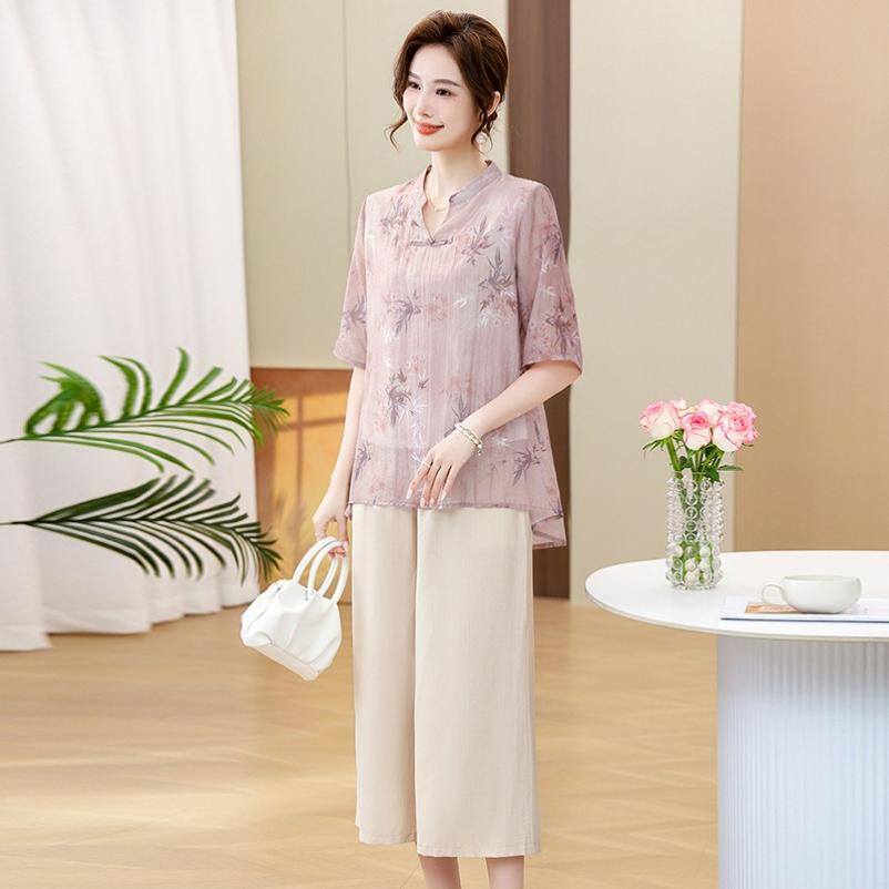 Middle-aged Mother Summer Suit Western Style Summer Short-sleeved Loose Top Two-piece Suit