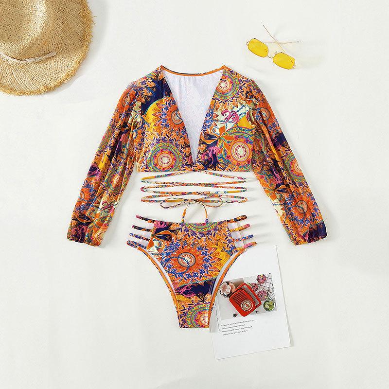 

2024 Принт Бикини с высокой талией и завязками - Сексуальный пляжный купальник-двойка с глубоким V-образным вырезом для женщин Large