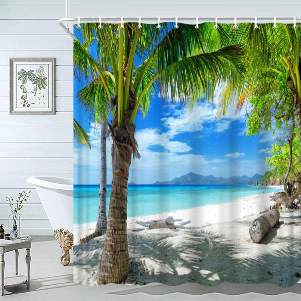Starfish Beach Bath Shower Curtain Shells Rustic Wooden Planks Palm Trees Natural Landscape Printed Bath Curtains Bathroom Decor