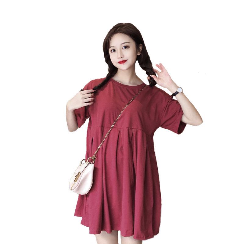 Maternity Summer Babydoll Dress - Short Sleeve, Mid-Length, Korean Style, Loose Fit, Plus Size, Round Neck Skirt