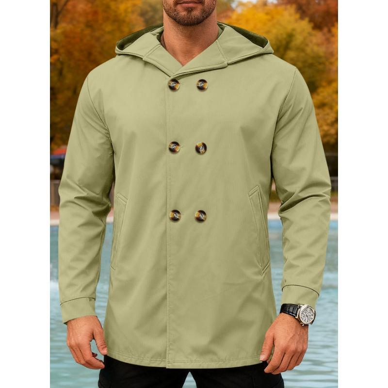 Men S Solid Color Hooded Mid Length Slim Fit Casual Trench Coat