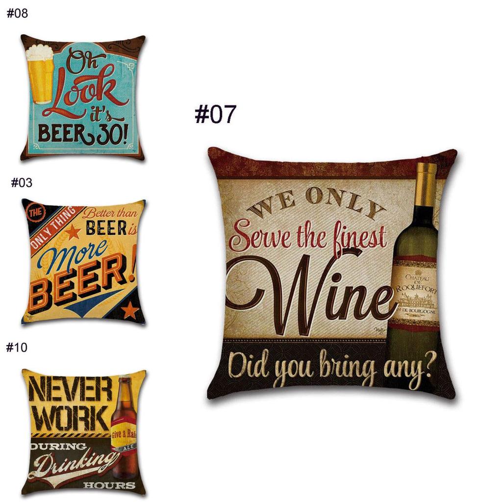 Linen 18" Cotton Pillow Case Vintage Beer Wine Bottle Sofa Throw Cover Cushion