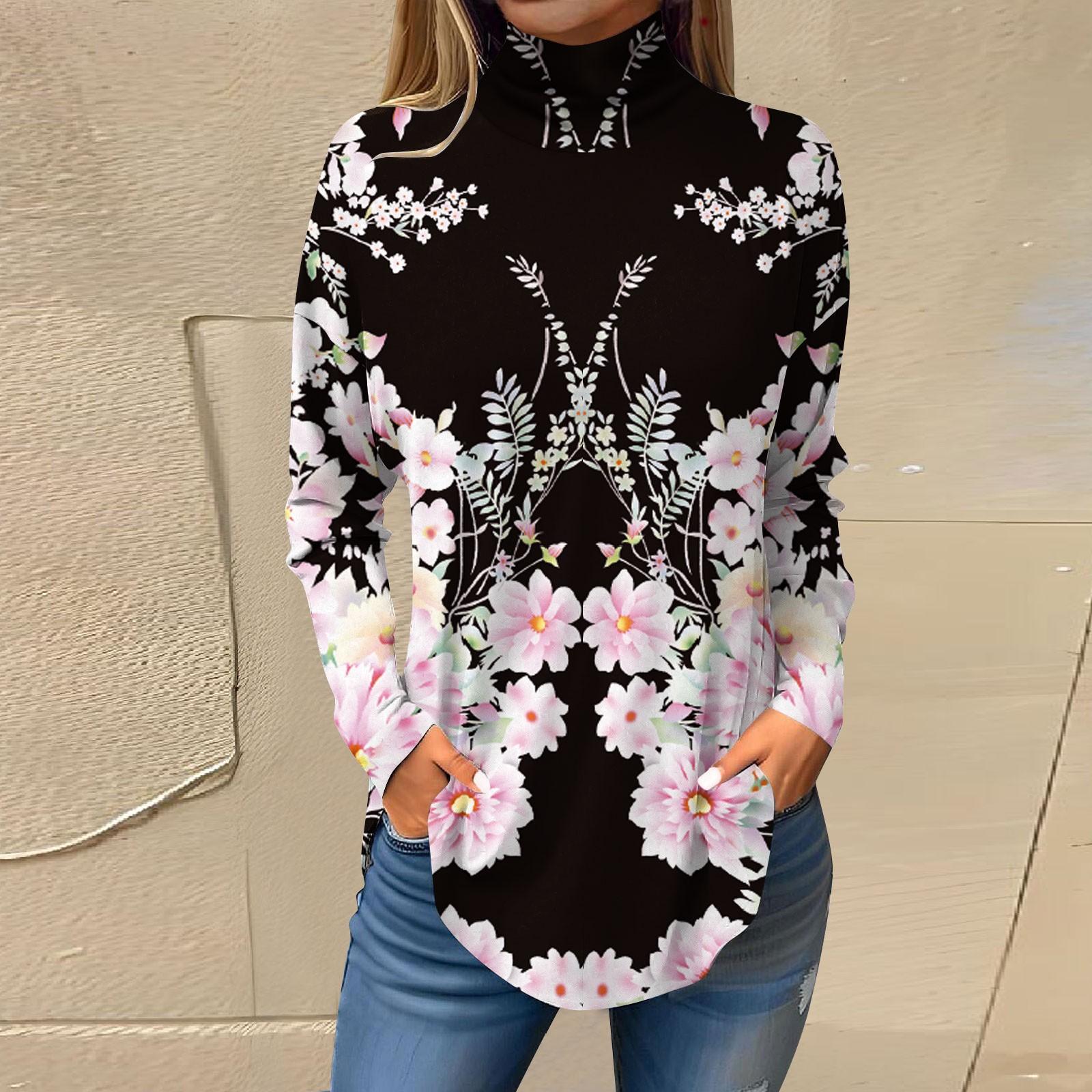 

Футболки для женщин, осенние повседневные рубашки с длинными рукавами, толстовка с винтажным принтом, топ с высоким воротом, пуловер XL розовый