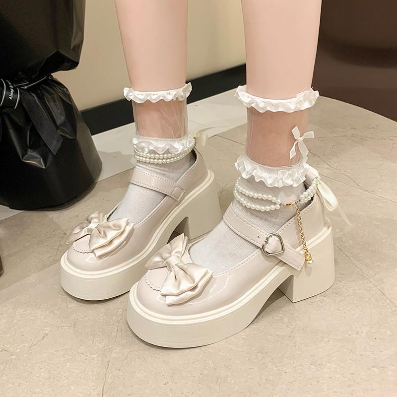 Fashion Sweet Bow Leather Mary Jane Shoes for Women Summer Autumn New Designer Pearl Increase Platform High Heel Shoes Female