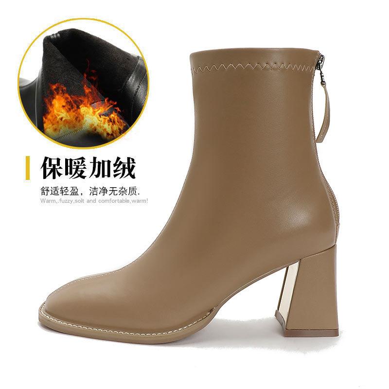 

Маленькие короткие ботинки женские толстые каблуки высокие каблуки новые одинарные ботинки задняя молния тонкий квадратный носок средние женские ботинки 39