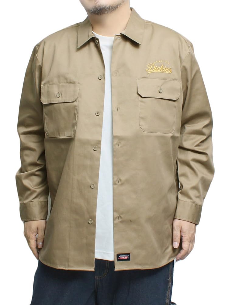 GENUINE DICKIES Men's Plus Size Logo Embroidered Twill Hickory Long Sleeve Work Shirt, Size 4L, Beige (18)