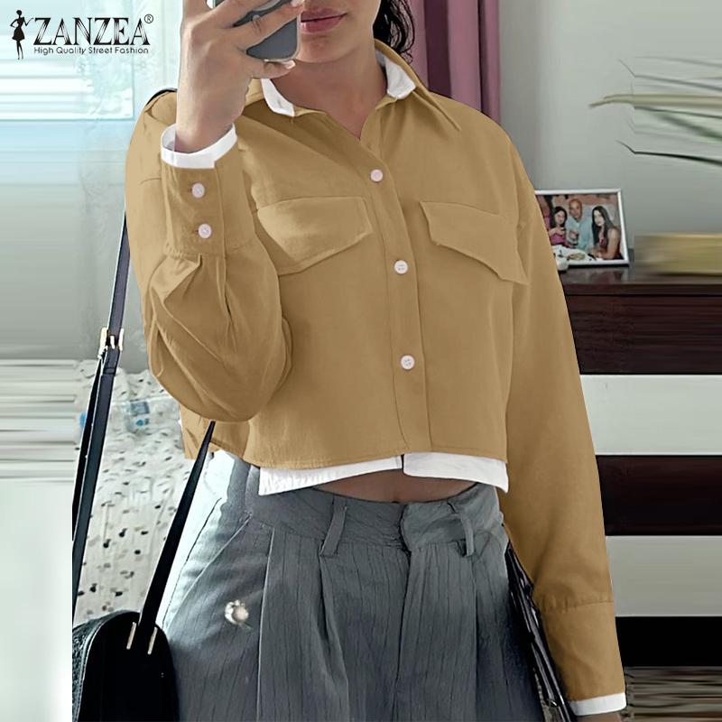 ZANZEA Women Casual Fake Two Piece Solid Color Long Sleeve Shirts