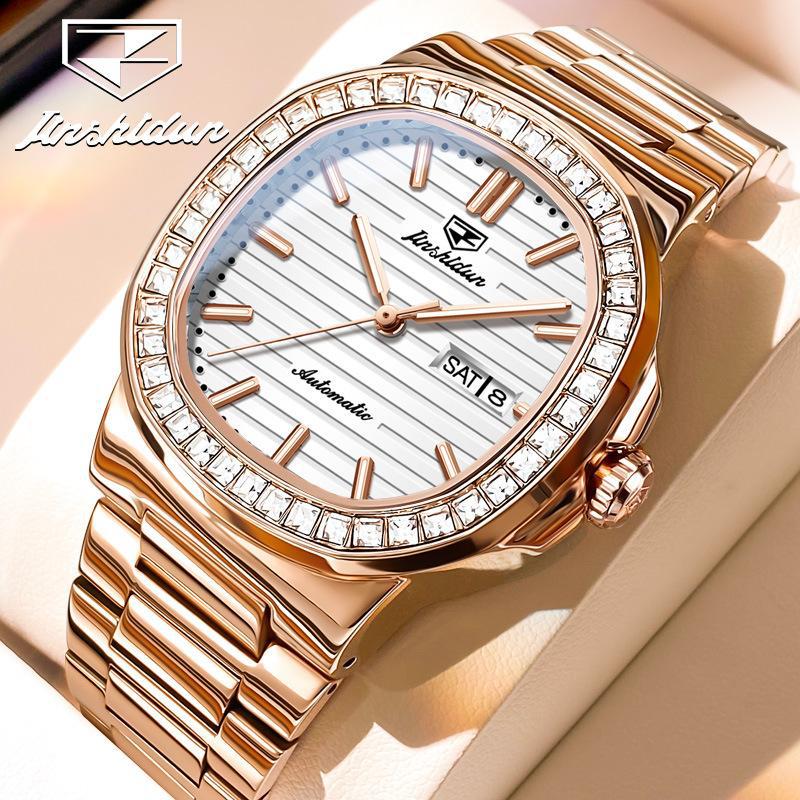 Montre pour homme JINSHIDUN avec montre mécanique automatique à relief horizontal incrustée de diamants