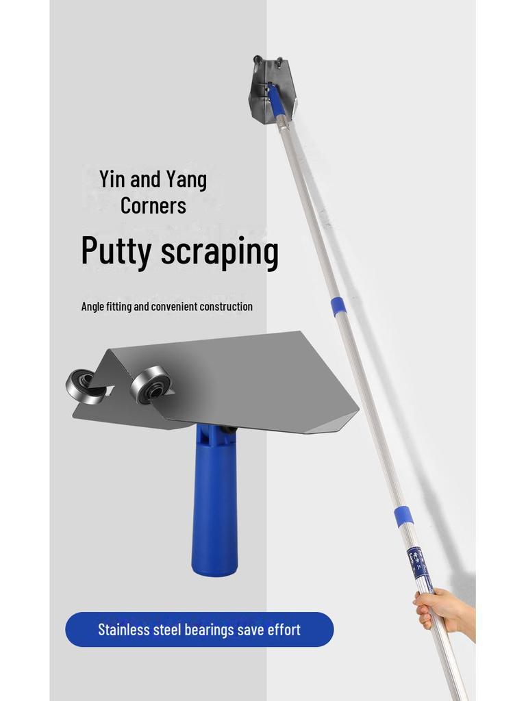Adjustable Retractable Putty Scraper with Long Rod and Inner Corner Sandpaper for Right Angle Wall Grinding.