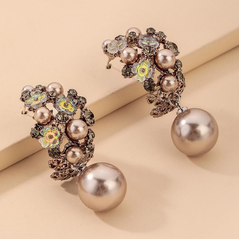 

Silver Needle Geometric Pearl & Diamond Flower Earrings - Elegant Luxury Style for Women