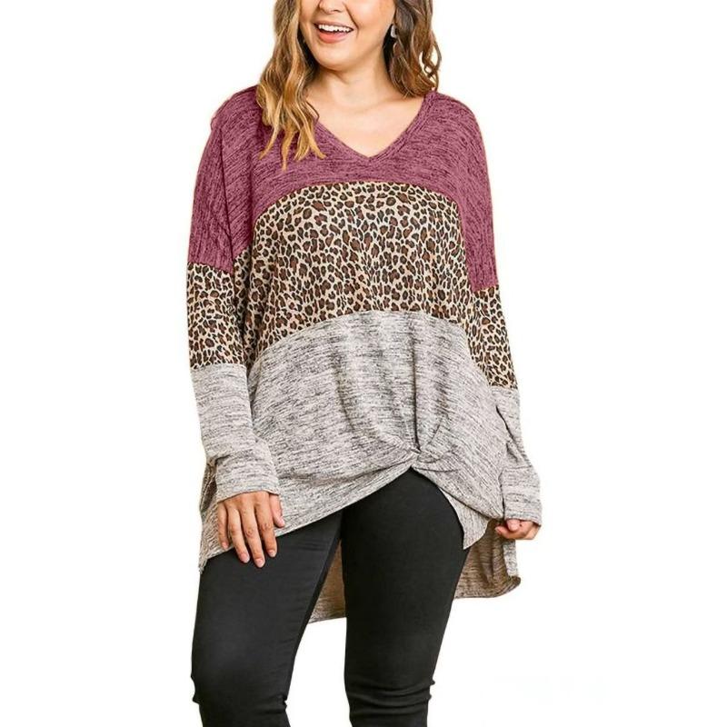 Women's V-neck Leopard Print Contrast Stitching Long-sleeved T-shirt Top