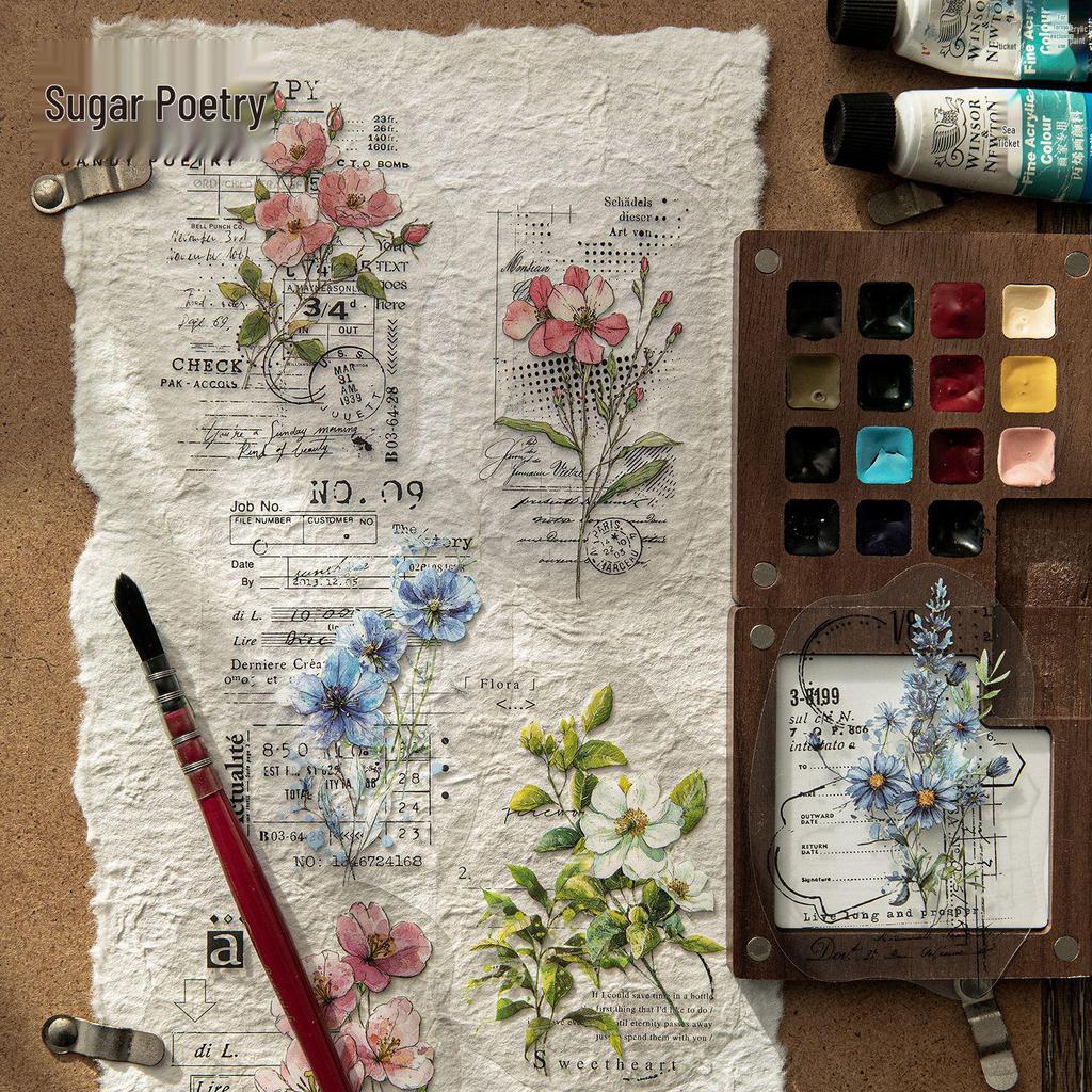 Tang Shi PET White Ink Sticker Pack - Kaleidoscope Diary Series, Retro Floral Scenery Theme, 10 Sheets, 6 Designs Available