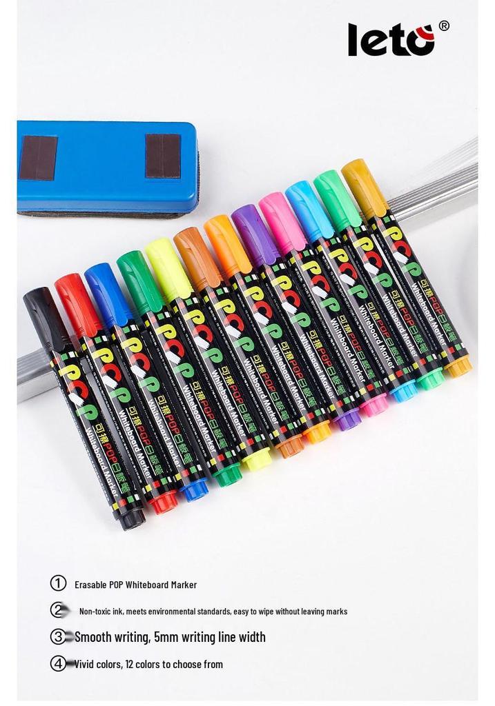 12-Color Kids' Creative Whiteboard Markers: Reusable, Wipeable, Ideal for Promotions & Projects