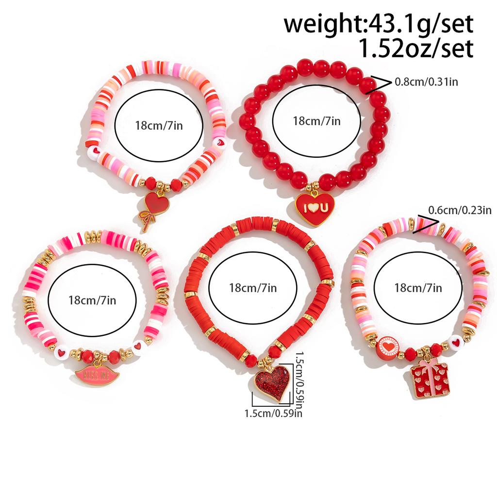 Ingemark 5Pcs/Set Christmas Sweet Romantic Red Heart Pendant Bracelets for Women CCB Elastic Chain Bangle New Year Party Jewelry
