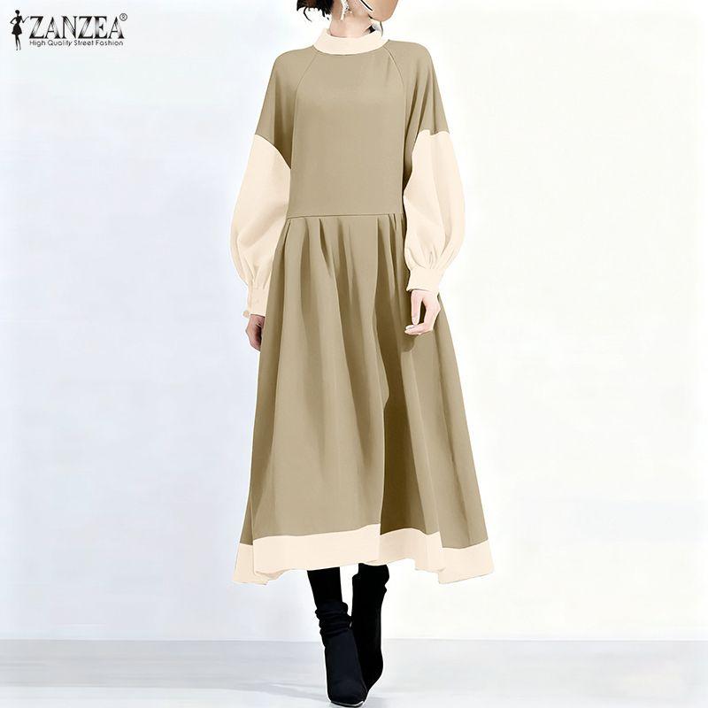 ZANZEA Women Casual Stand Collar Loose Long Sleeve Patchwork Long Dress