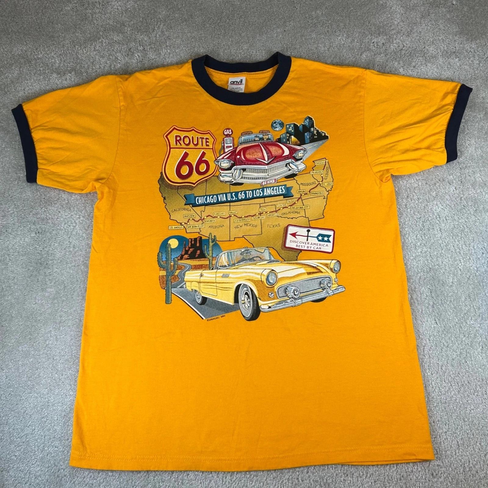 Anvil Route 66 Graphic Ringer T-shirt Men s Large Yellow Classic Cars Americana 3XL