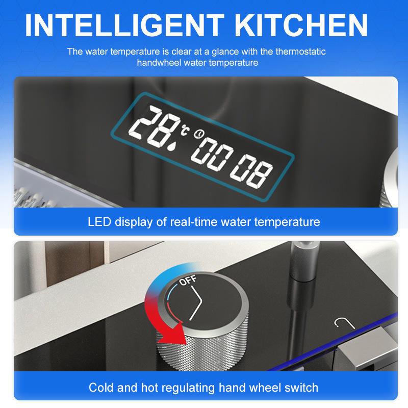 Large Single Bowl Kitchen Sink: 304 Stainless Steel Digital Display with Nano Honeycomb & Waterfall Features